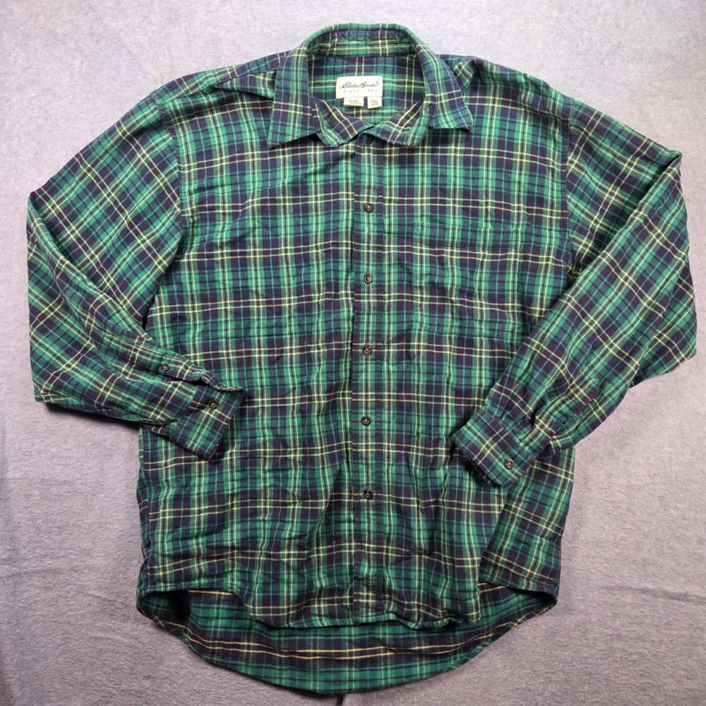 Eddie Bauer Plaid Button Down Shirt Mens Medium Green Navy Cotton Long Sleeve - Picture 2 of 8